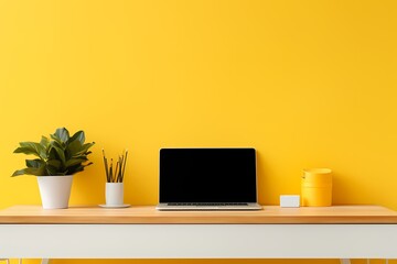 Wall Mural - A computer on a minimalist desk, the clean lines and bright colors contributing to a modern and stylish workspace captured in high definition.