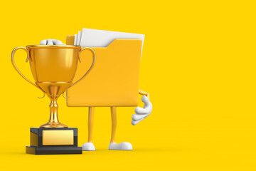 Sticker - Yellow File Folder Icon Cartoon Person Character Mascot with Golden Award Trophy. 3d Rendering