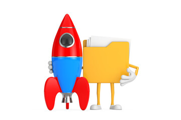 Aufkleber - Yellow File Folder Icon Cartoon Person Character Mascot with Cartoon Toy Rocket. 3d Rendering