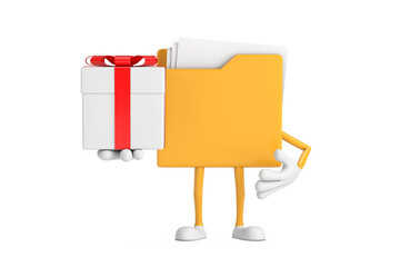 Aufkleber - Yellow File Folder Icon Cartoon Person Character Mascot and Gift Box with Red Ribbon. 3d Rendering