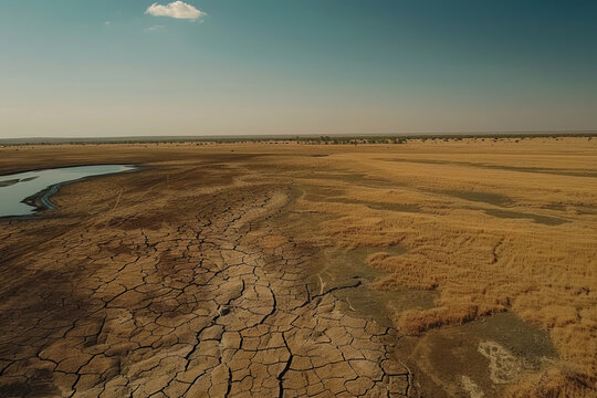 An aerial view of a vast, parched landscape with earth against a clear, blue sky, highlighting the urgency of water scarcity.