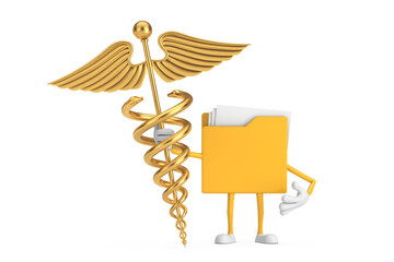 Aufkleber - Yellow File Folder Icon Cartoon Person Character Mascot with Golden Medical Caduceus Symbol. 3d Rendering
