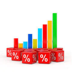 Fototapete - Statistical Business Infographic  Bar Chart Graph Diagram with Heap of Discount Sale Percent Cubes. 3d Rendering