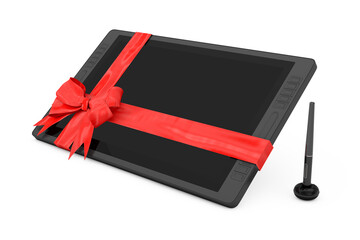 Leinwandbilder - Big Size of Digital Graphics Drawing Tablet Monitor with Pen and Blank Screen as Gift with Red Ribbon and Bow. 3d Rendering