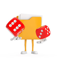 Aufkleber - Yellow File Folder Icon Cartoon Person Character Mascot with Red Game Dice Cubes in Flight. 3d Rendering