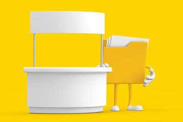 Leinwandbilder - Yellow File Folder Icon Cartoon Person Character Mascot near Blank Promotion Stand with Free Space for Your Design. 3d Rendering