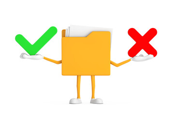 Aufkleber - Yellow File Folder Icon Cartoon Person Character Mascot with Red Cross and Green Check Mark, Confirm or Deny, Yes or No Icon Sign. 3d Rendering