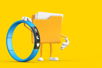 Aufkleber - Yellow File Folder Icon Cartoon Person Character Mascot with Blue Fitness Tracker. 3d Rendering