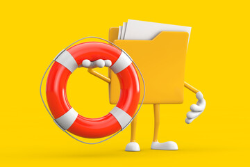 Poster - Yellow File Folder Icon Cartoon Person Character Mascot with Life Buoy. 3d Rendering