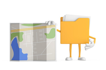 Aufkleber - Yellow File Folder Icon Cartoon Person Character Mascot with Abstract City Plan Map. 3d Rendering