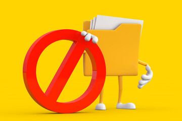 Aufkleber - Yellow File Folder Icon Cartoon Person Character Mascot with Red Prohibition or Forbidden Sign. 3d Rendering