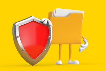 Aufkleber - Yellow File Folder Icon Cartoon Person Character Mascot with Red Metal Protection Shield. 3d Rendering