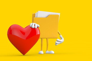 Poster - Yellow Folder Icon Cartoon Person Character Mascot with Red Heart. 3d Rendering