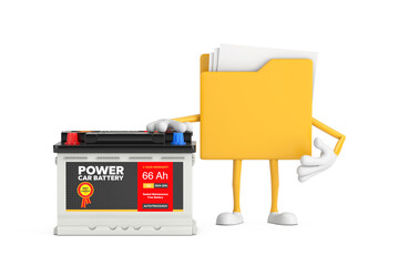 Aufkleber - Yellow File Folder Icon Cartoon Person Character Mascot and Rechargeable Car Battery 12V Accumulator with Abstract Label. 3d Rendering