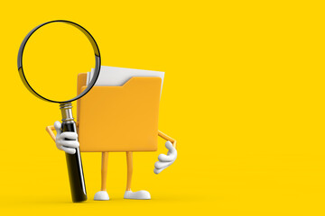 Aufkleber - Yellow File Folder Icon Cartoon Person Character Mascot with Magnifying Glass. 3d Rendering