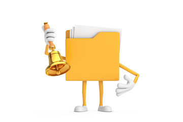 Aufkleber - Yellow File Folder Icon Cartoon Person Character Mascot with Vintage Golden School Bell. 3d Rendering