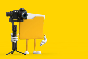 Aufkleber - Yellow File Folder Icon Cartoon Person Character Mascot with DSLR or Video Camera Gimbal Stabilization Tripod System. 3d Rendering