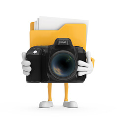 Aufkleber - Yellow File Folder Icon Cartoon Person Character Mascot with Modern Digital Photo Camera. 3d Rendering