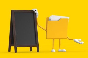 Aufkleber - Yellow File Folder Icon Cartoon Person Character Mascot with Blank Wooden Menu Blackboards Outdoor Display. 3d Rendering
