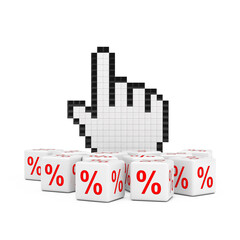 Aufkleber - Pixel Hand Pointer Cursor with Heap of Discount Sale Percent Cubes. 3d Rendering