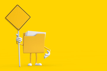 Aufkleber - Yellow File Folder Icon Cartoon Person Character Mascot and Yellow Road Sign with Free Space for Yours Design. 3d Rendering