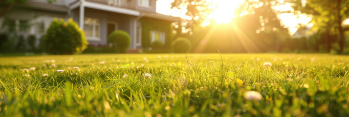 Wall Mural - Perfect manicured lawn and flowerbed with shrubs in sunshine, on a backdrop of residential house backyard.