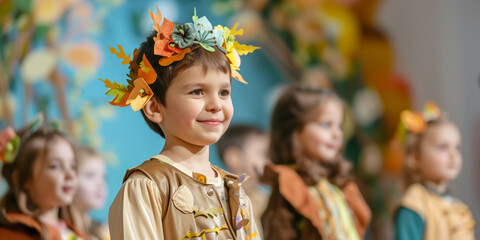 Kindergarten kids participating in spring themed school play. Cheerful children performing on theater stage in front of their parents. Creative leisure for elementary school students.