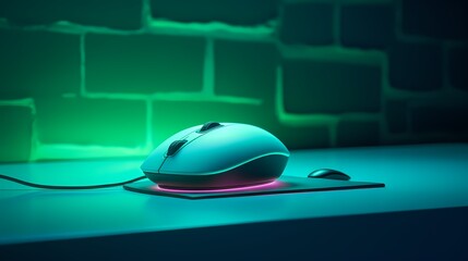 Wall Mural - A close-up shot of a computer mouse, illuminated by the soft glow of a desk lamp, set against a backdrop of a turquoise wall.