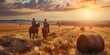 © Q-Zack - Two cowboys riding horses in a field against an amazing sunset. Farming, ranching and nature concert. Landscape view for wallpaper, poster, banner, commercial