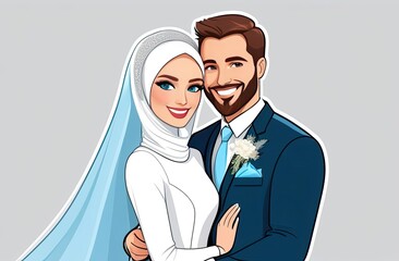 Wall Mural - A man and woman are smiling at the camera. The man is wearing a suit and tie, and the woman is wearing a white dress. Concept of happiness and love. Nikah. Muslim wedding