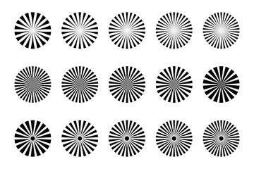 Poster - Simple black sunbursts – Radial ray patterns – Black radial stripes – Circular radial shapes – Collection of isolated elements