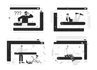 Poster - Searching information online 2D linear illustration concept set. Internet users cartoon characters isolated on white collection. Information browsing online metaphor monochrome vector art