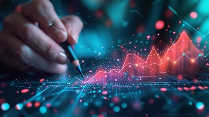 Poster - Hand drawing on an ethereal digital interface with glowing red and blue particles