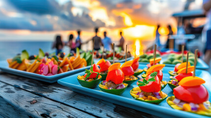 Catering for a wedding on a yacht. Blurred lighting against sunset background