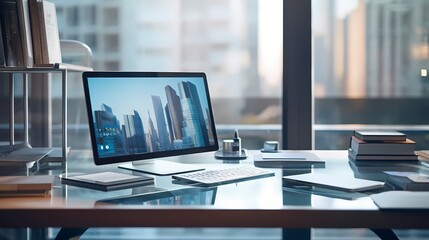 Wall Mural - A clean and tidy workspace featuring a compact desktop computer and a stack of notebooks on a sleek glass table.