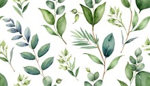 Watercolor Botanic, Leaf And Buds. Seamless Herbal Composition For Wedding Or Greeting Card.