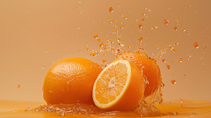 minimalist pyramid of 2 juicy oranges, pastel orange background, orange liquid splash, Creative concept of fruits