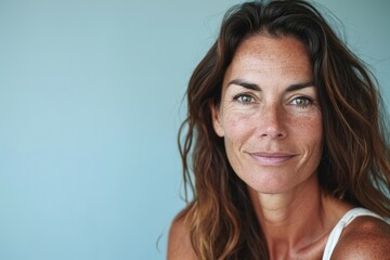 Wall Mural - Portrait of a beautiful woman with long brown hair and freckles