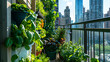 City balcony farm, apartment balcony plants. On a metropolitan apartment balcony herb and vegetable  garden with plants growing up the sides. 