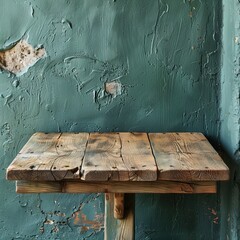 wooden table top on green wall background