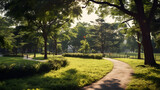 Fototapeta  - Tranquil Eko Park Scene: A Harmonious Blend of Nature and Modern Architecture