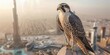 A falcon perched on a ledge in front of a city skyline