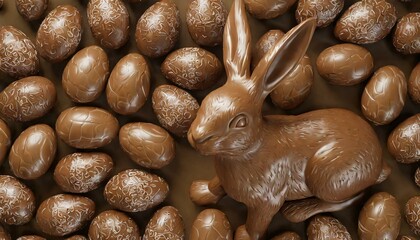 3D illustration of Chocolate Easter eggs background with chocolate bunny in the composition. View from the top.
