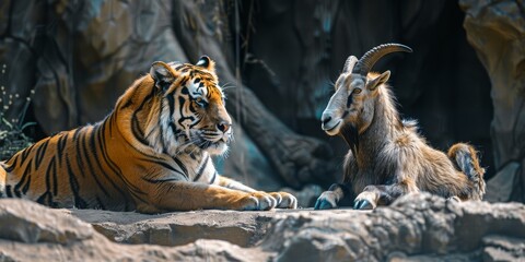 Poster - A tiger and a goat are standing next to each other