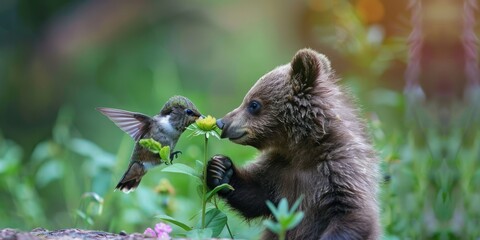 Poster - A hummingbird is perched on a flower next to a baby bear