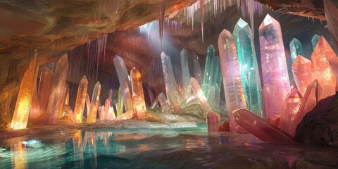 Wall Mural - A cave filled with crystals and water