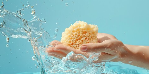 Poster - A hand holding a sponge in a stream of water