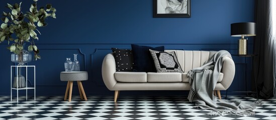 Poster - Living room interior with a chessboard floor, sofa, blanket, stool, and glass decorations on a navy blue wall. Real photo.