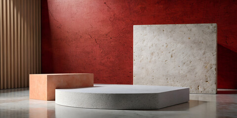 Poster - 3D Podium Geometric Square Stone Pedestal to Display Jewelry Products in Volcanic Stone Concept in Minimal Style in Red Concrete Wall Background. banner, copy space, website, 3d rendering.