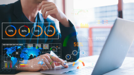 data analysis  Data Management System with KPI and metrics connected to the database finance, operations, sales, marketing, businessman using computer working with dashboard data charts